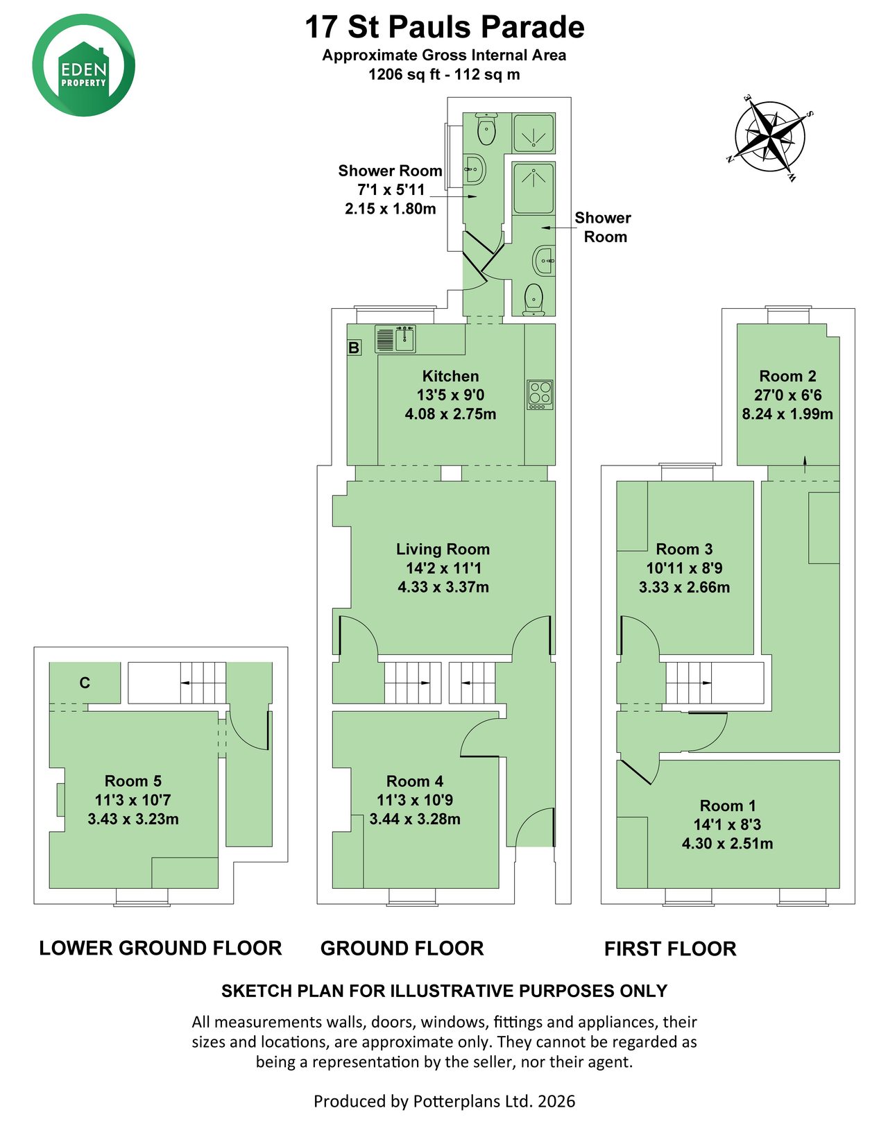 Three-level residential floor plan showing rooms 1 to 5, a kitchen, living room, shower rooms, stairs and approximate dimensions.