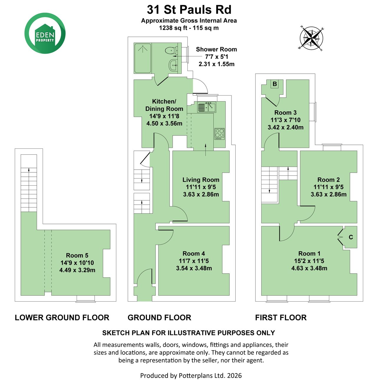 Three-level residential floor plan showing labeled rooms, kitchen/dining room, living room, shower room, stairs, doors and approximate dimensions.