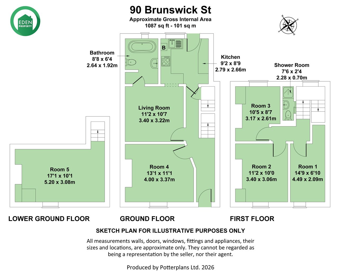 Floor plan for 90 Brunswick St showing rooms, bathrooms, kitchen and shower room across lower ground, ground and first floors.