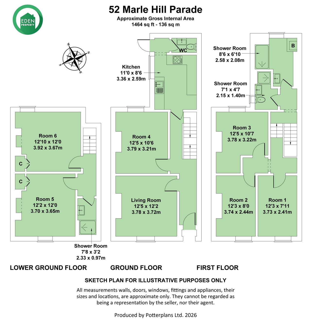Illustrated floor plan for a six-room residential property, showing rooms, shower rooms, kitchen, living room, stairs and three floor levels.