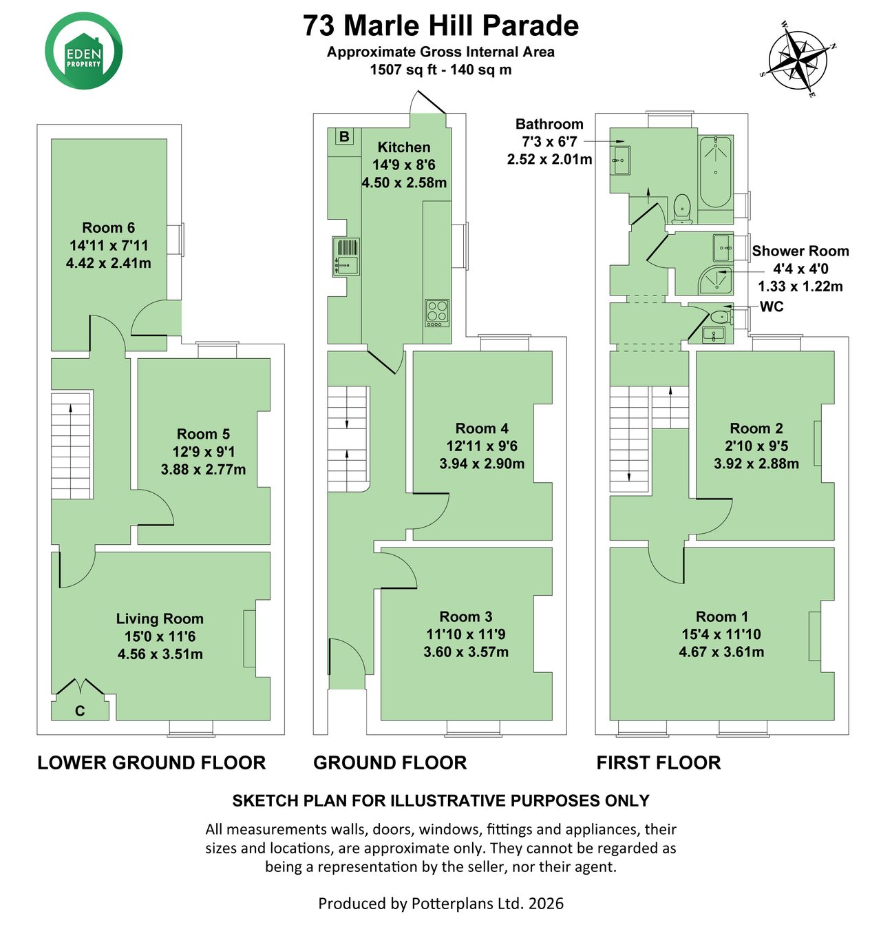 Illustrated floor plan for 73 Marle Hill Parade showing lower ground, ground and first floors, with six rooms, living room, kitchen, bathrooms and shower room.
