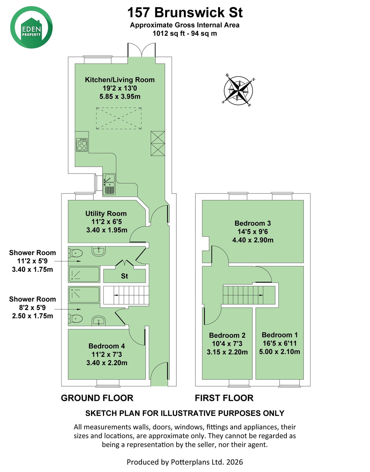Two-storey residential floor plan showing a kitchen/living room, utility room, shower room, bathroom, and bedrooms 1–4.