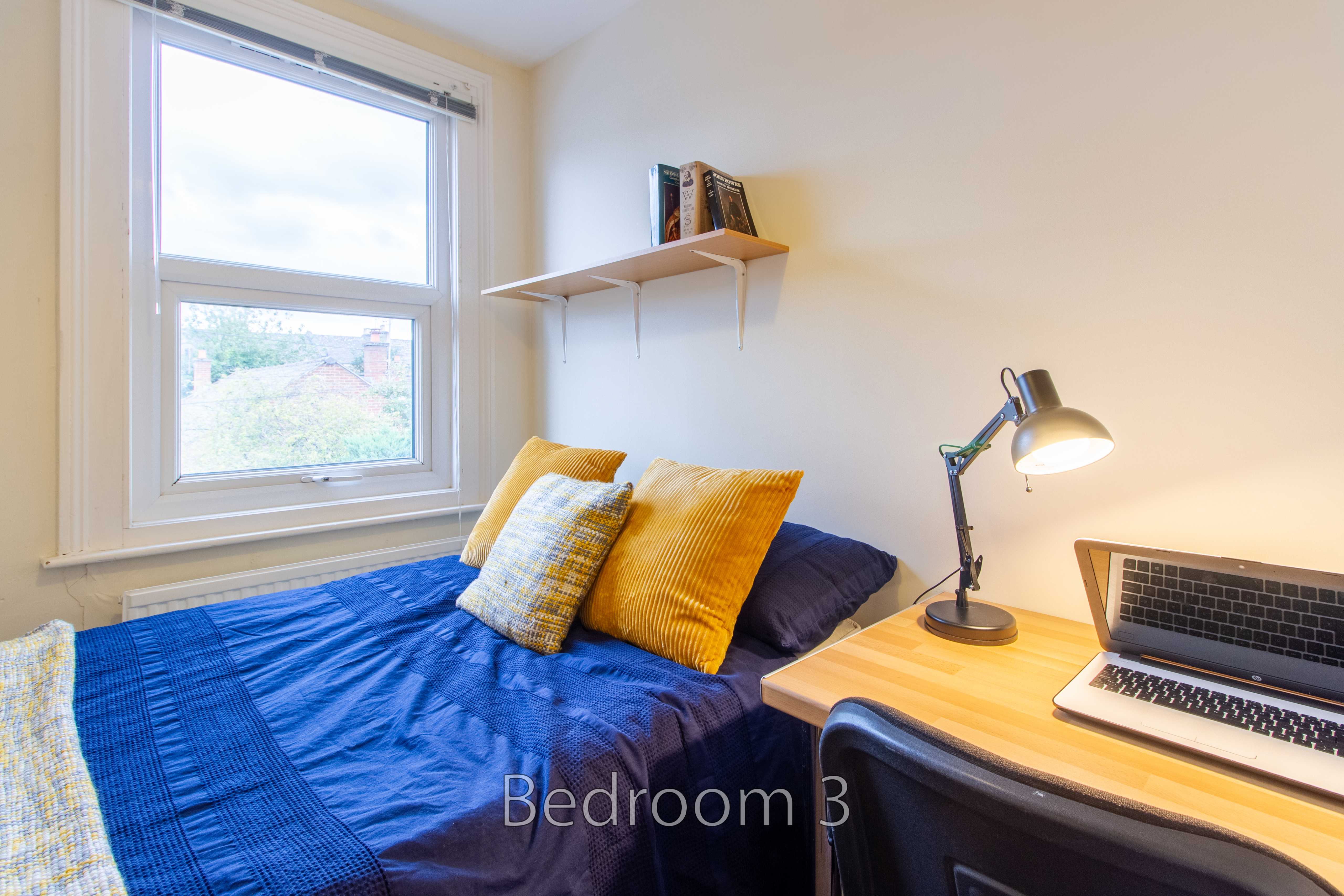 A bedroom with a bed, window, wall shelf, desk, lamp and laptop.