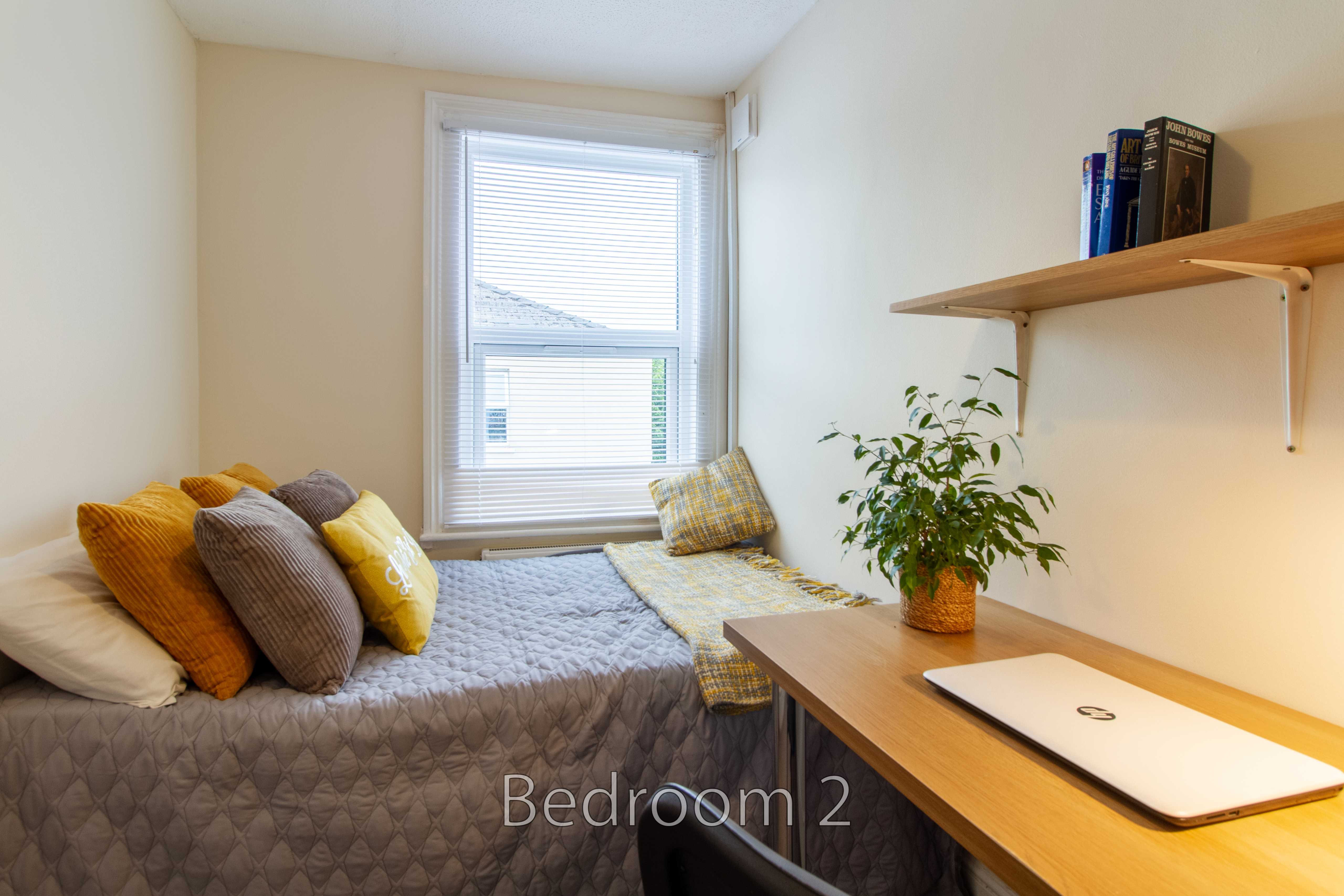 A furnished bedroom with a single bed, cushions, window, wall shelf, plant and desk.