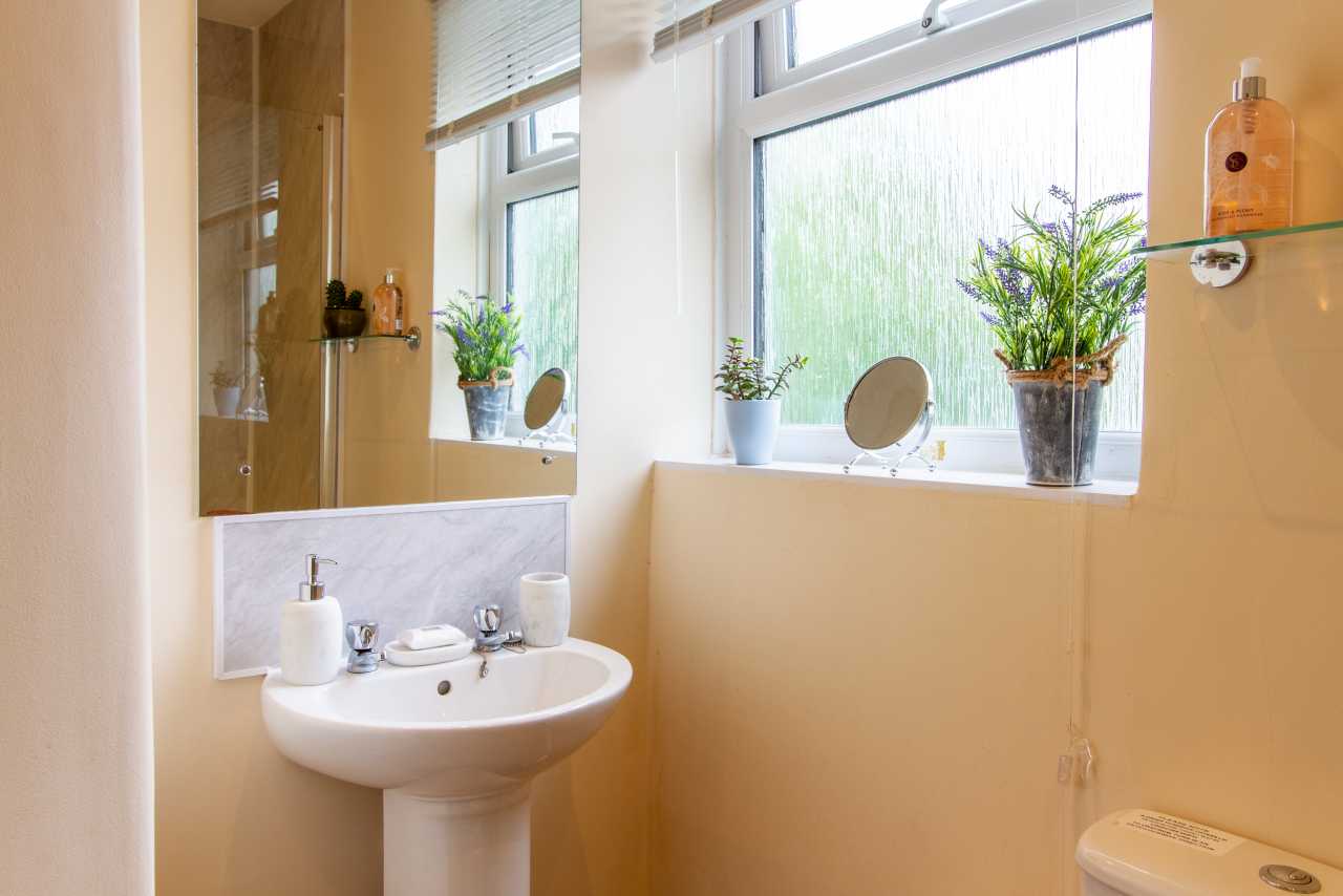 Bright bathroom with a pedestal sink, bathtub, tiled walls, windows, plants and toiletries.