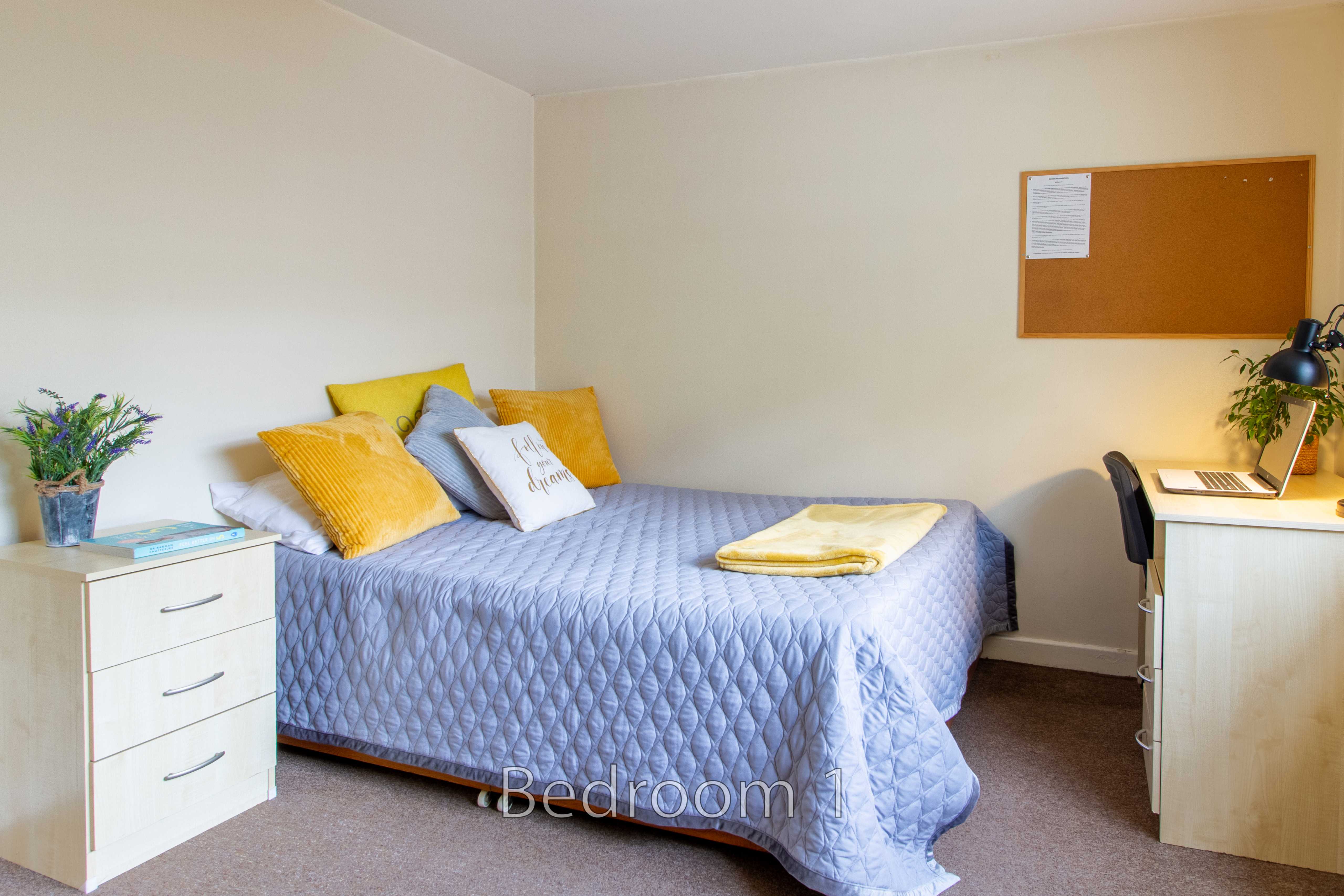 A furnished bedroom with a double bed, bedside chest, desk, chair and noticeboard.