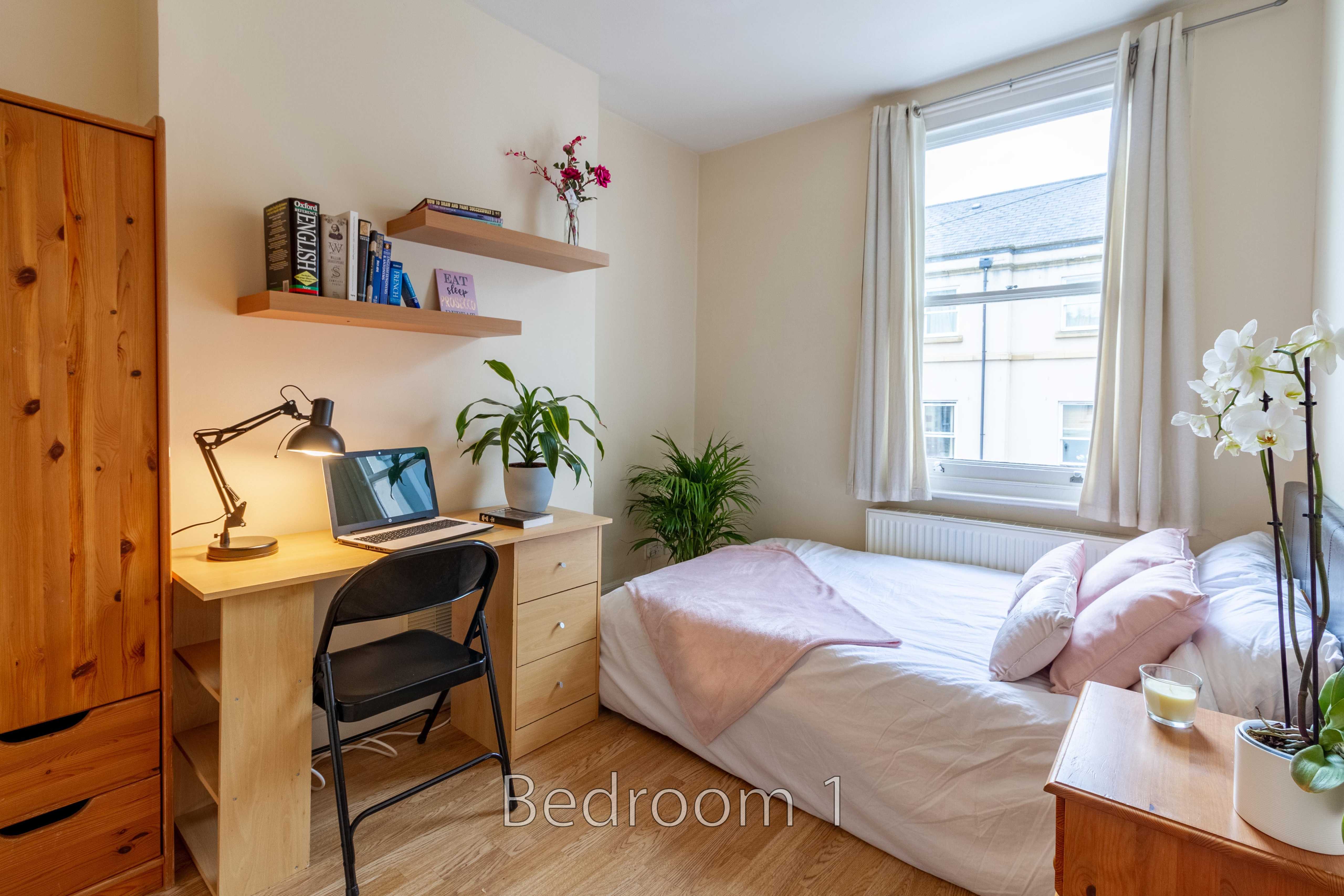 A furnished bedroom with a single bed, desk, wardrobe, shelving, plants and a window.