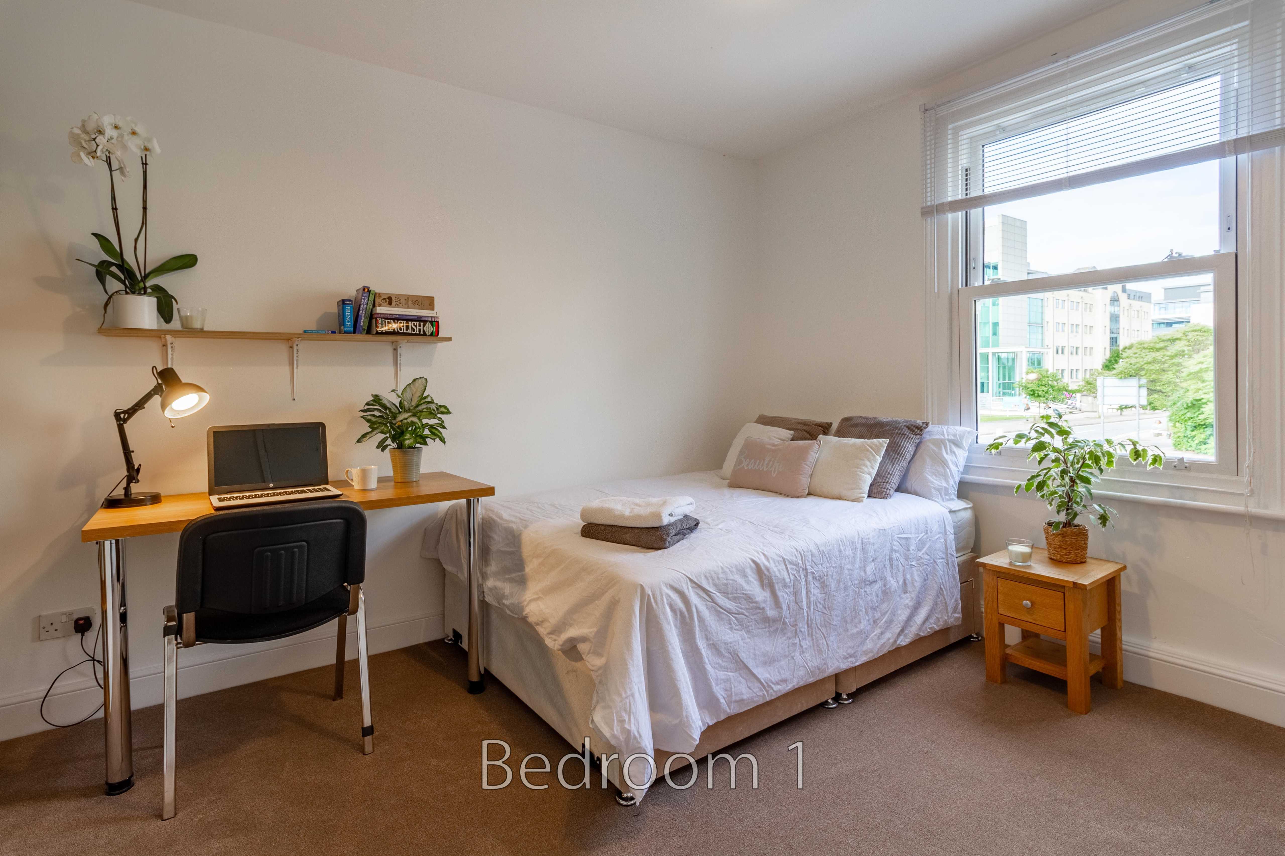 A furnished bedroom with a double bed, desk, chair, shelving, plants and a window.