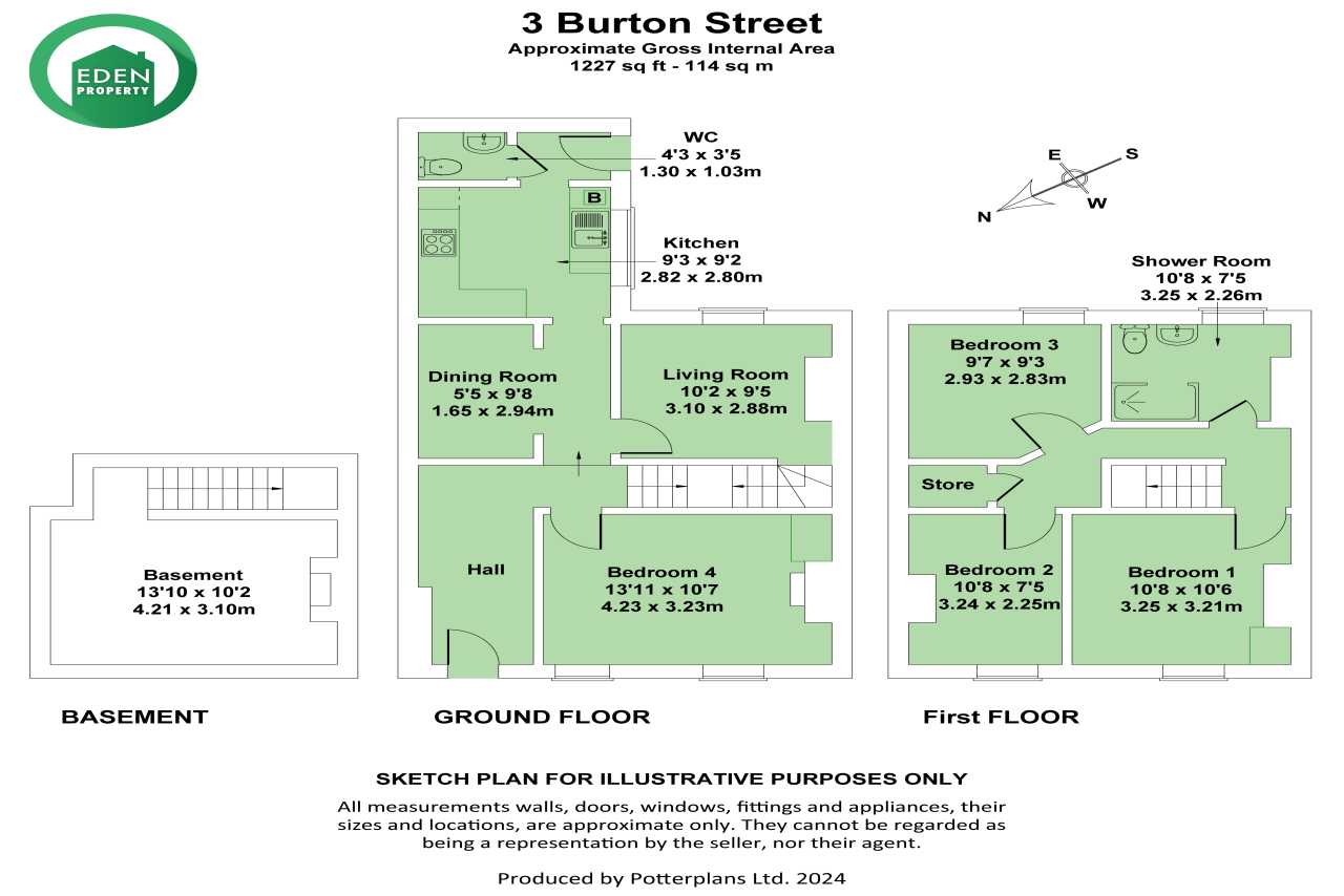 Illustrated floor plan showing a basement, ground floor and first floor with multiple rooms, bathrooms and a kitchen.