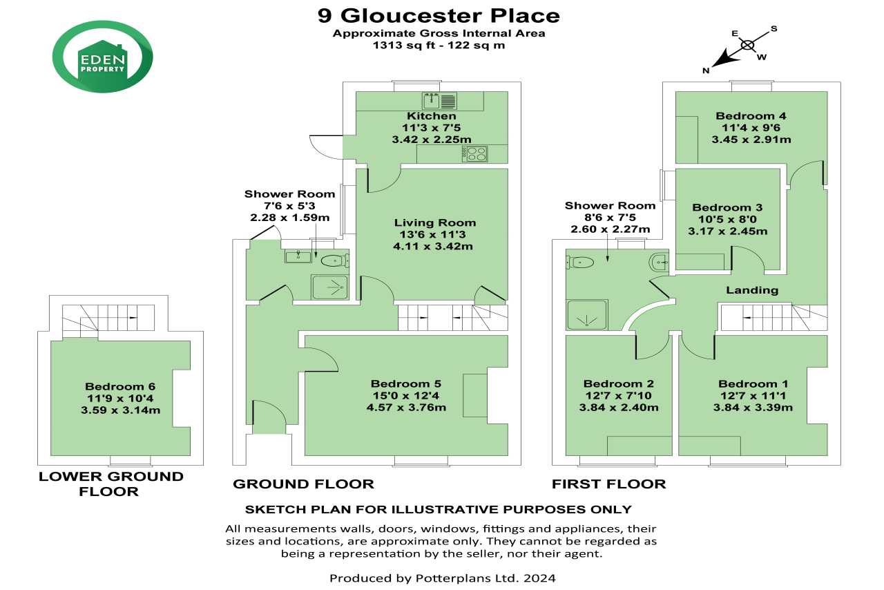 Floor plan showing lower ground, ground and first floors with six bedrooms, living room, kitchen, shower rooms and laundry.
