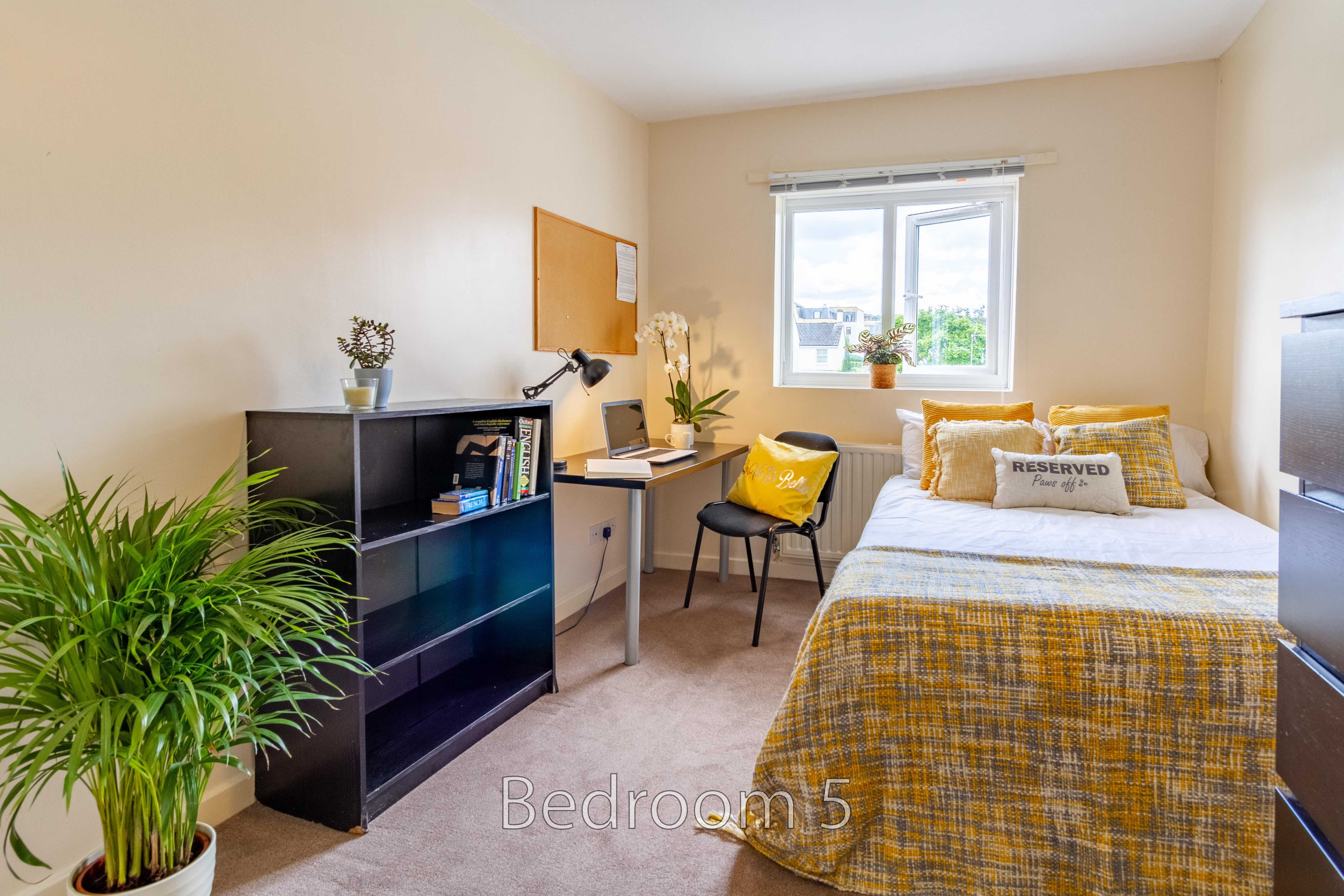 A furnished bedroom with a single bed, desk, shelving, window and potted plants.