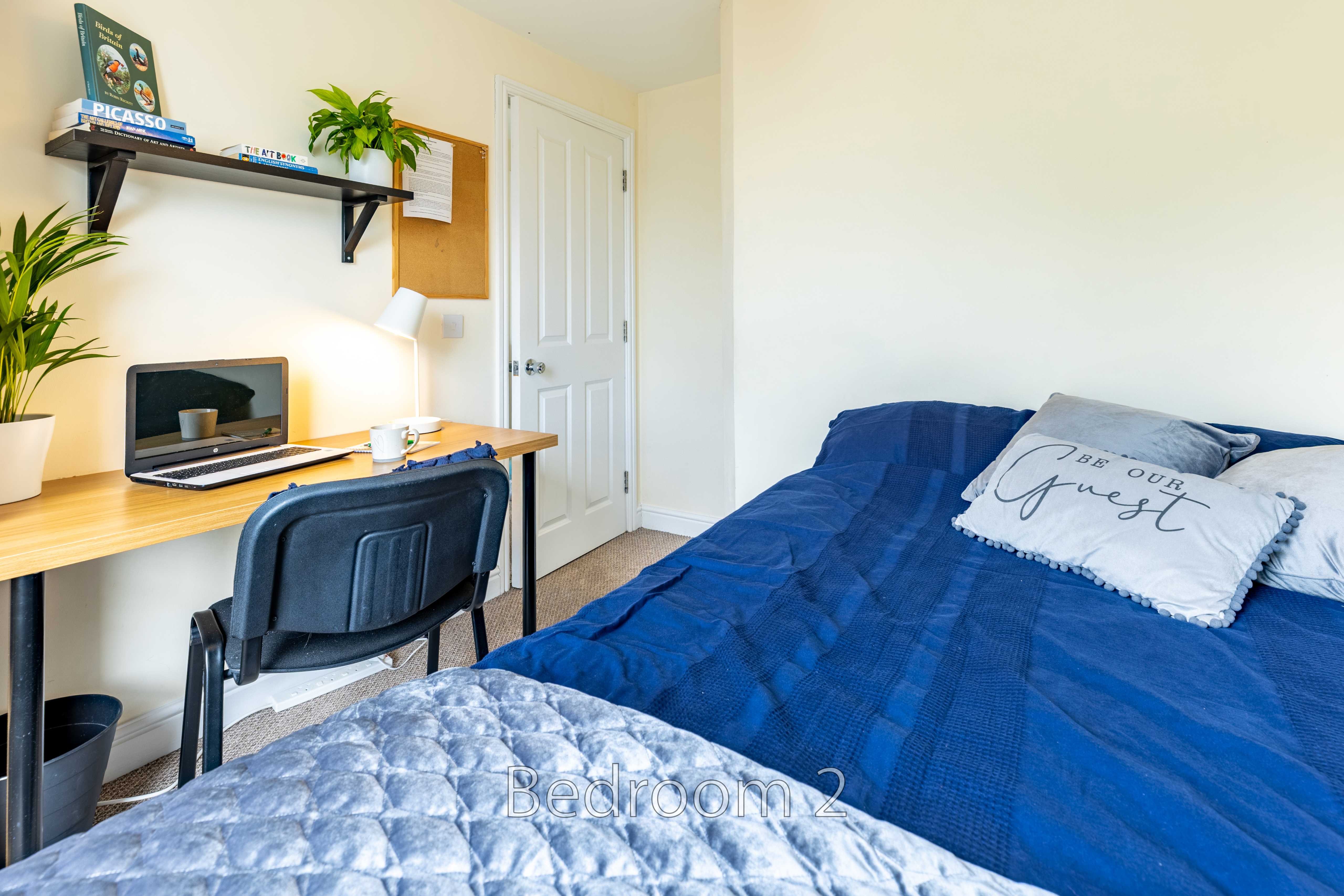 A bedroom with a blue bed, desk and chair, wall shelves, plants, and a closed door.