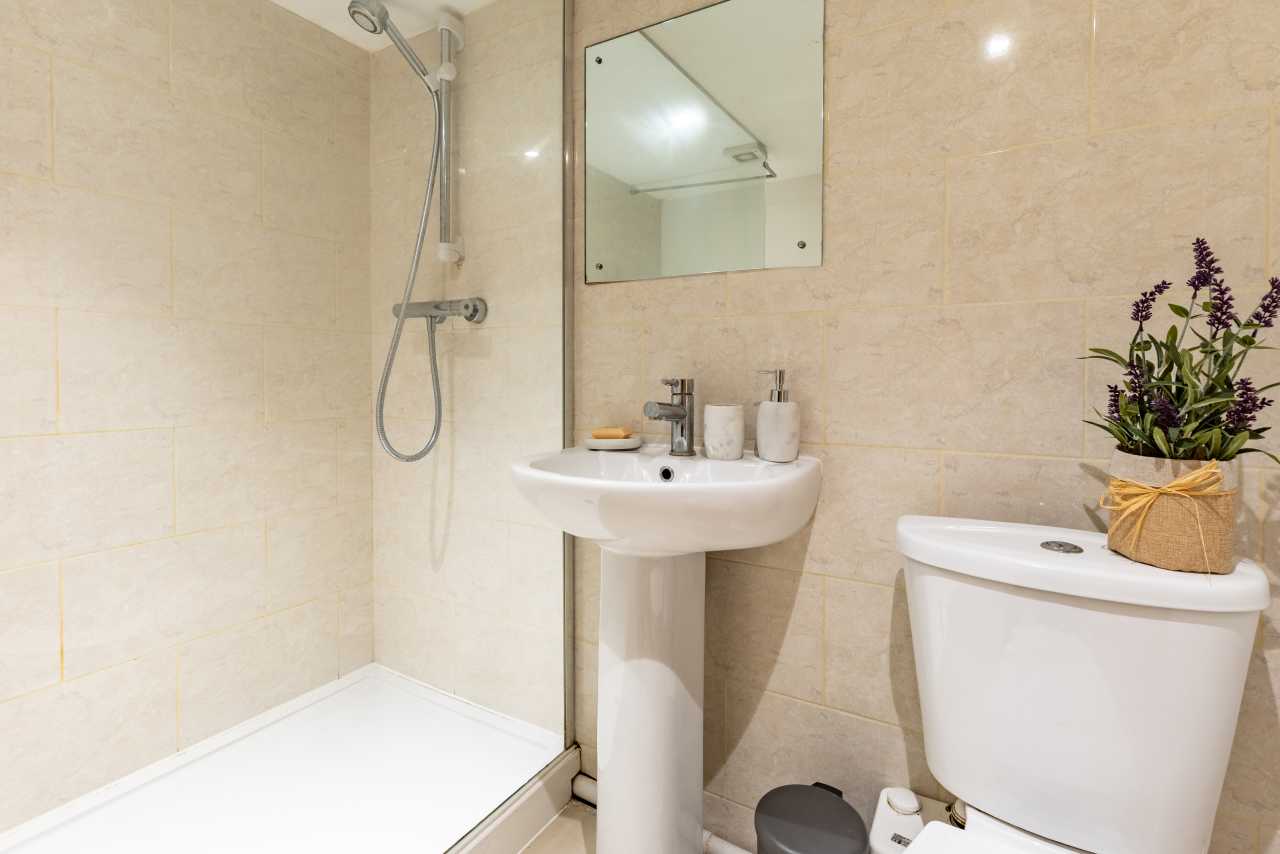 A tiled bathroom with a shower, pedestal sink, mirror, toilet and potted plant.