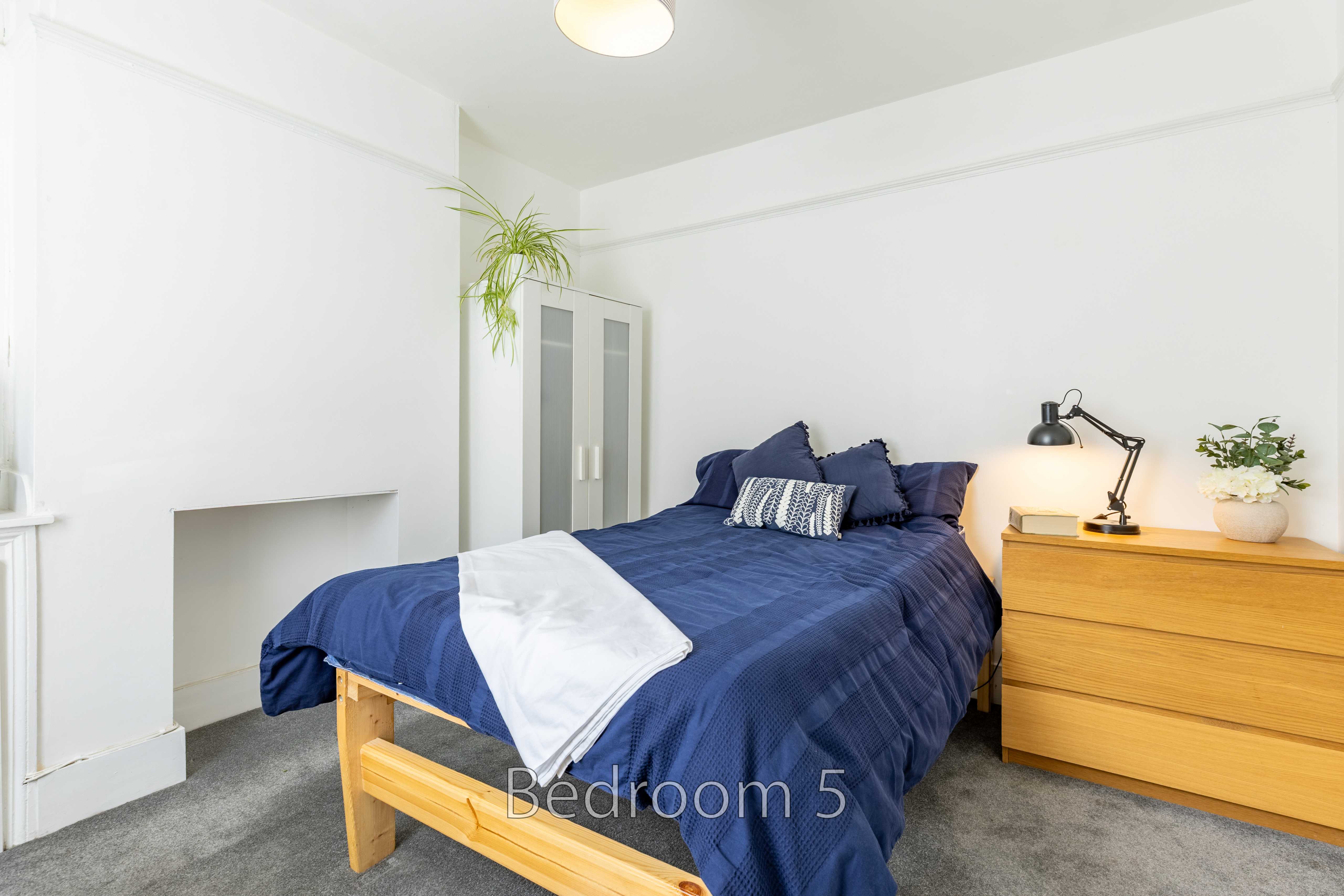 A bright bedroom with a double bed, blue bedding, a wooden dresser, bedside lamp and potted plants.