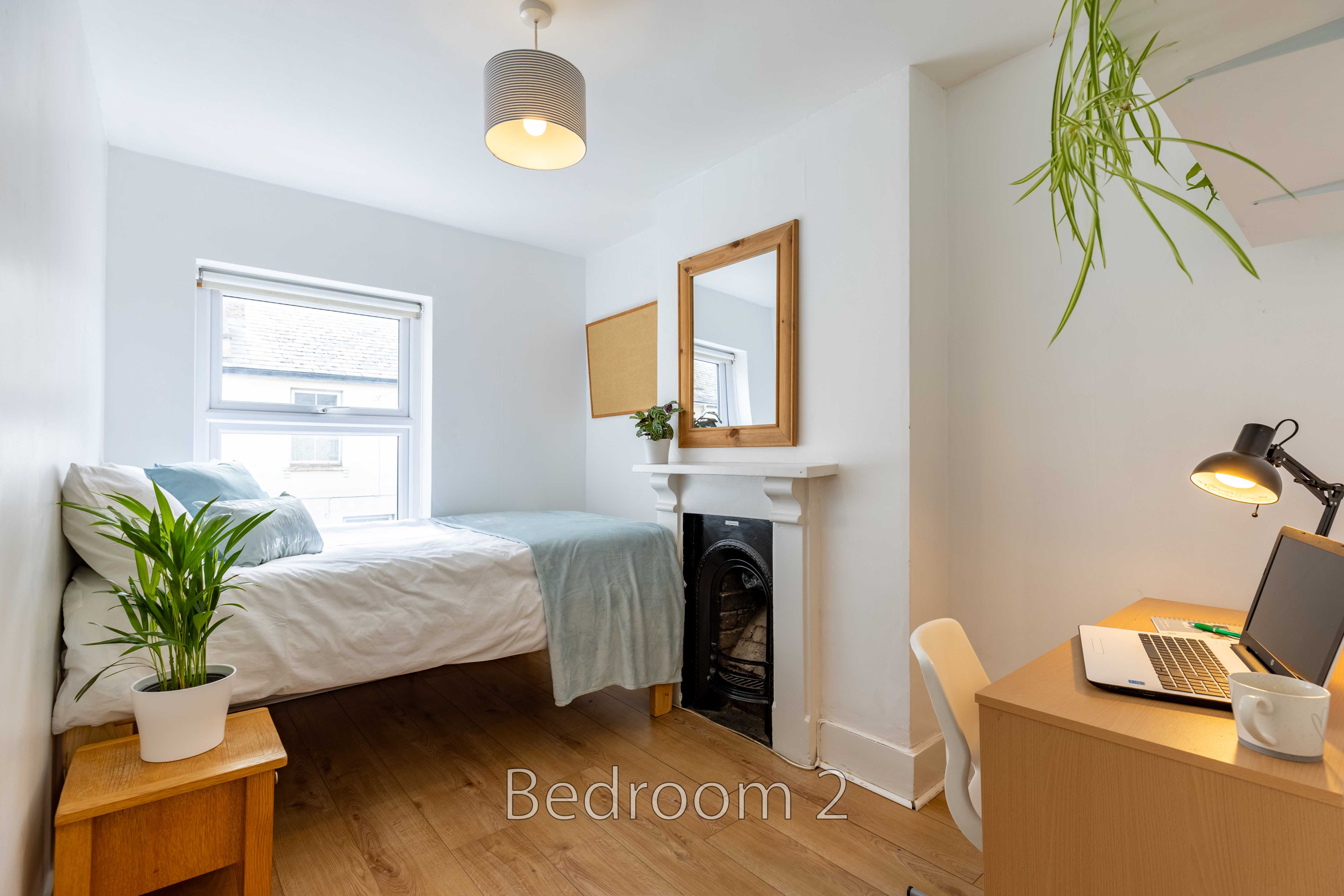 A bright bedroom with a bed, fireplace, desk, chair, plants and wooden flooring.