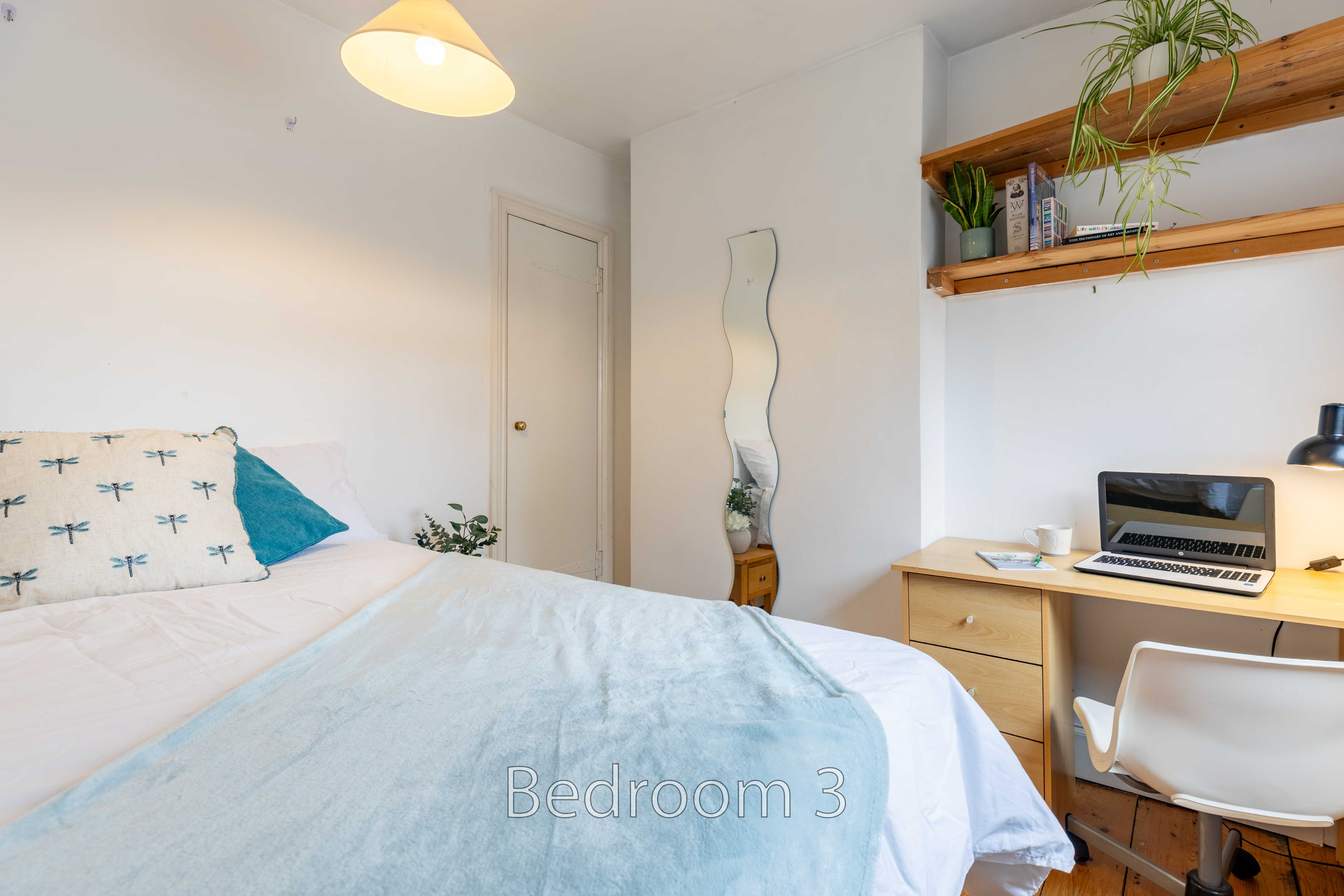 A bedroom with a bed, desk, chair, shelves, plants and a wardrobe door.