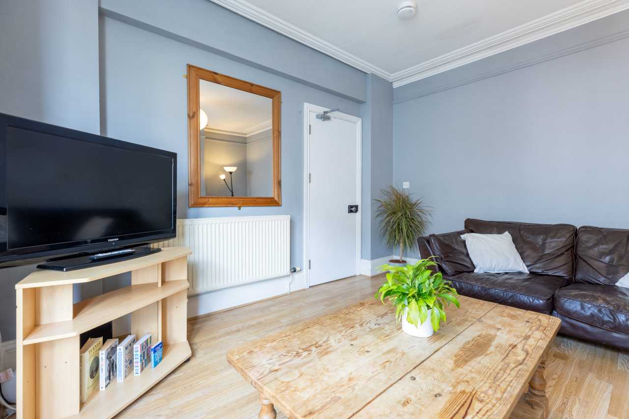 Living room with a television, leather sofa, coffee table, plants, radiator and doorway.