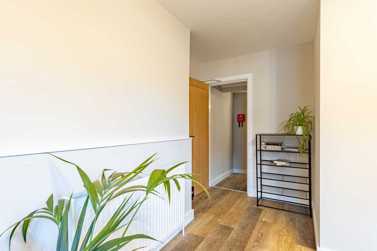 Bright shared hallway with wood flooring, a radiator, potted plants, and a metal storage rack.