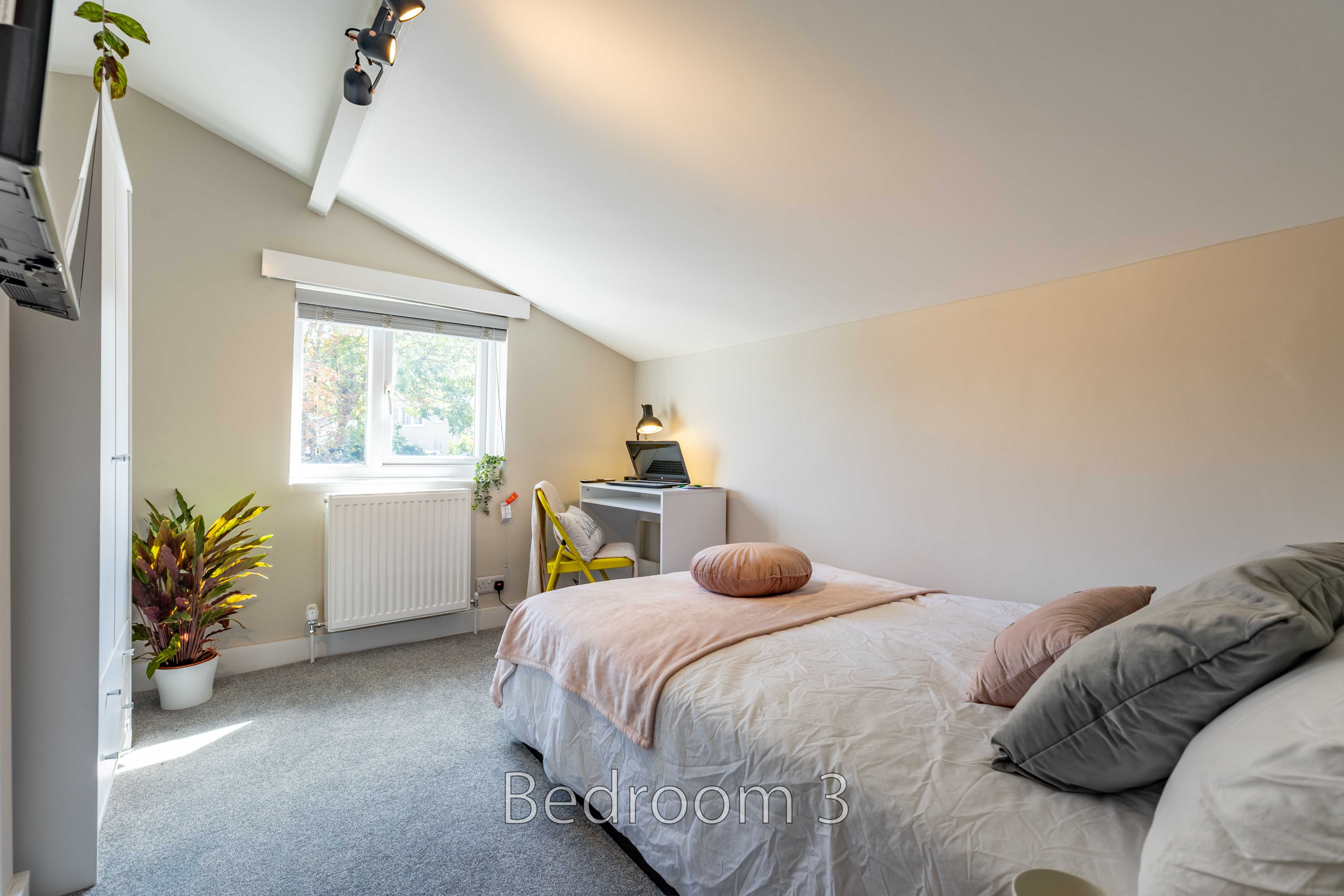 A bedroom with a double bed, desk, window, radiator, and potted plant.