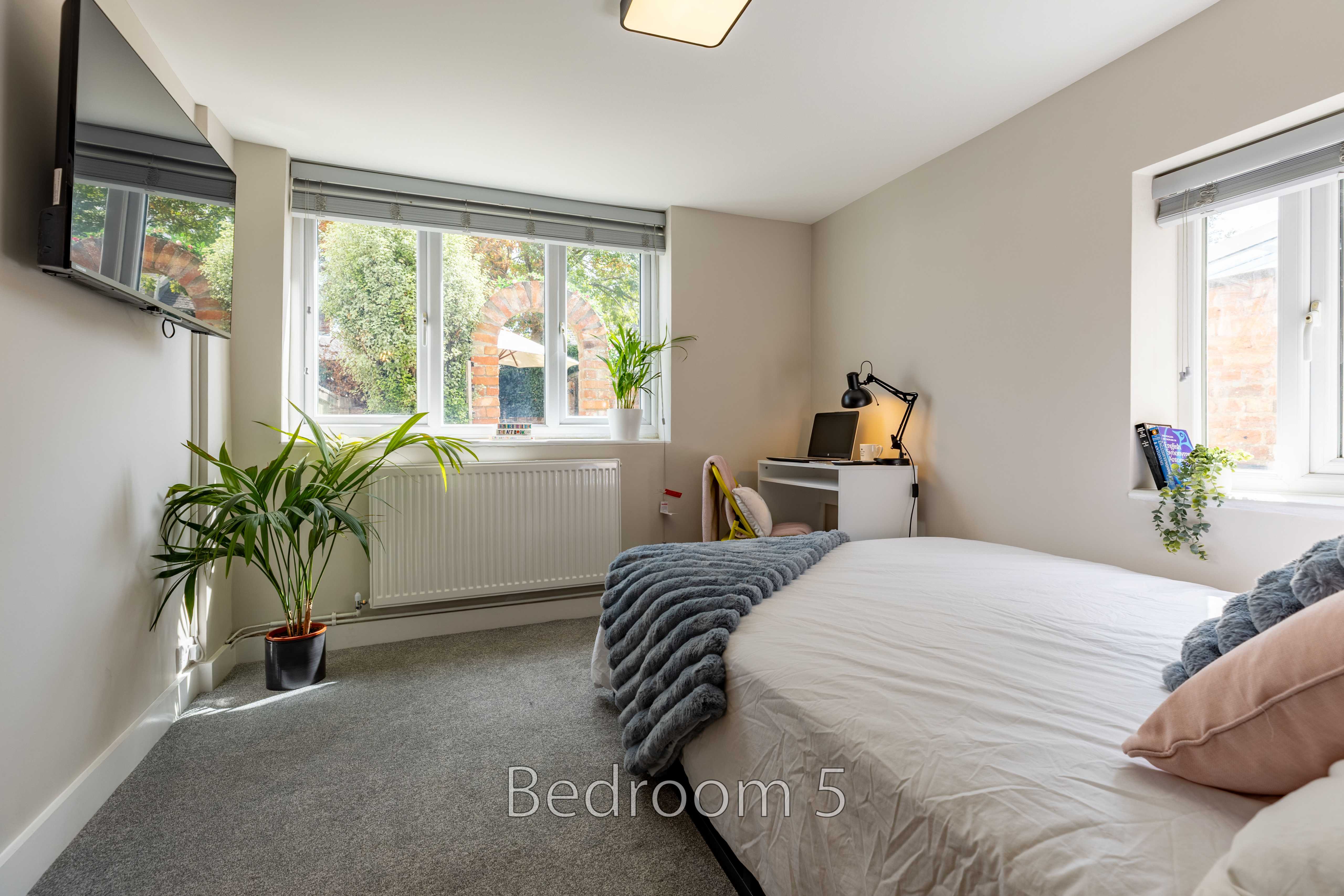 A bright bedroom with a double bed, desk, windows, radiator, television and potted plants.