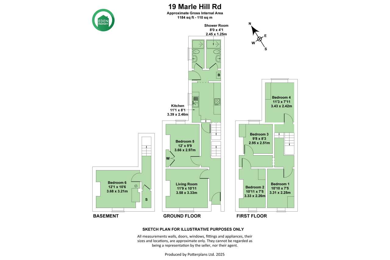 Floor plan of a three-level residential property showing the basement, ground floor and first floor.