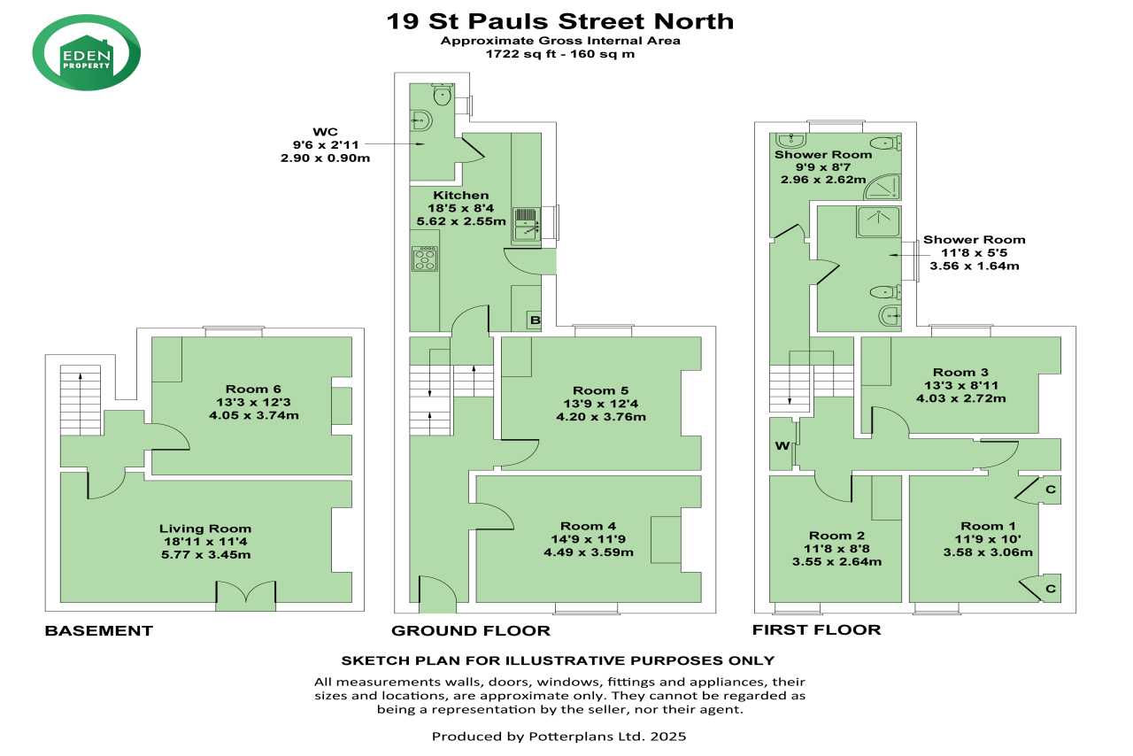 Illustrated floor plan showing basement, ground-floor and first-floor layouts with multiple rooms, kitchens and shower rooms.