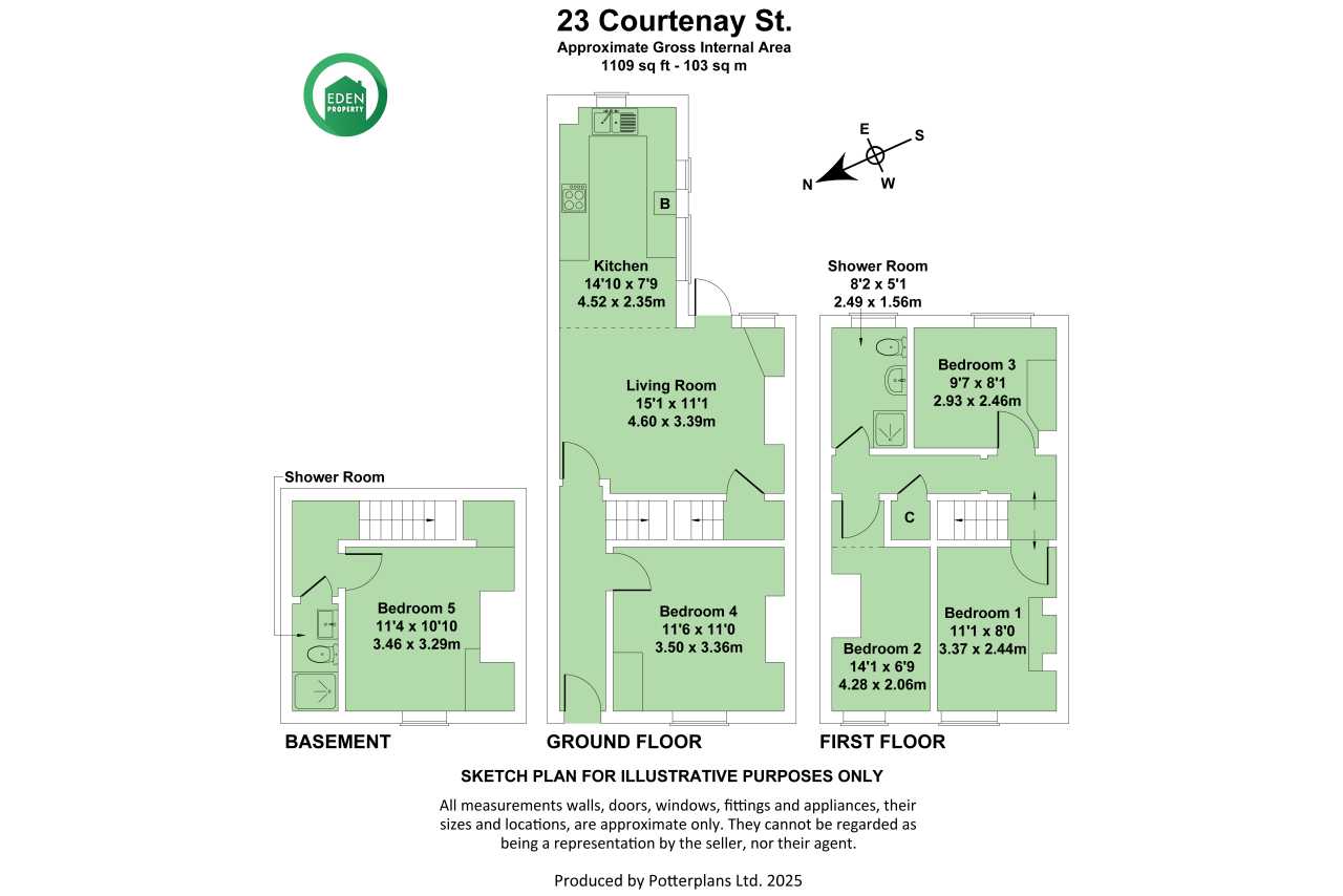 Floor plan showing a basement, ground floor and first floor with kitchen, living room, shower room and five bedrooms.
