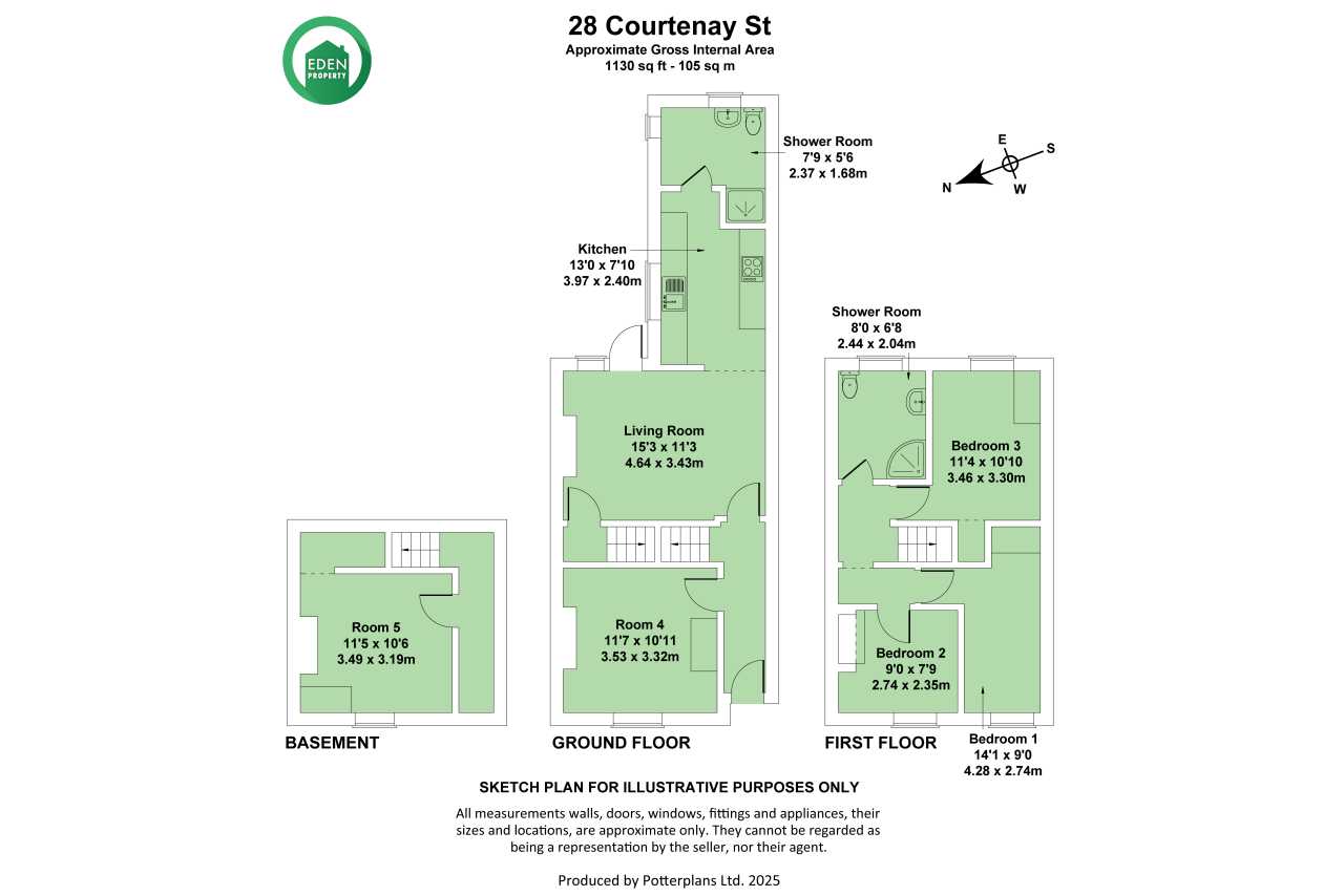 Floor plan showing a multi-level residential property with labelled rooms and a north arrow.