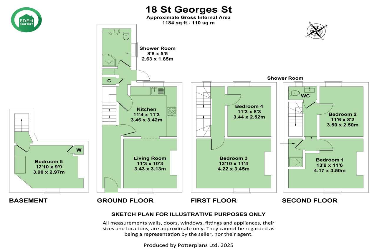 Multi-level residential floor plan showing a basement, ground floor, first floor and second floor with five bedrooms, living room, kitchen, shower rooms, bathroom and WC.
