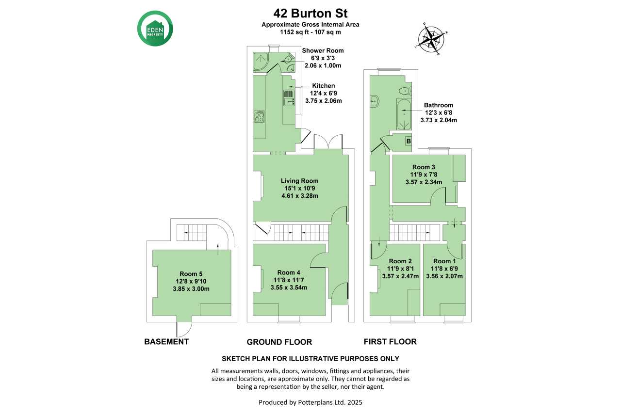 Floor plan showing basement, ground floor and first floor layouts of a residential property.