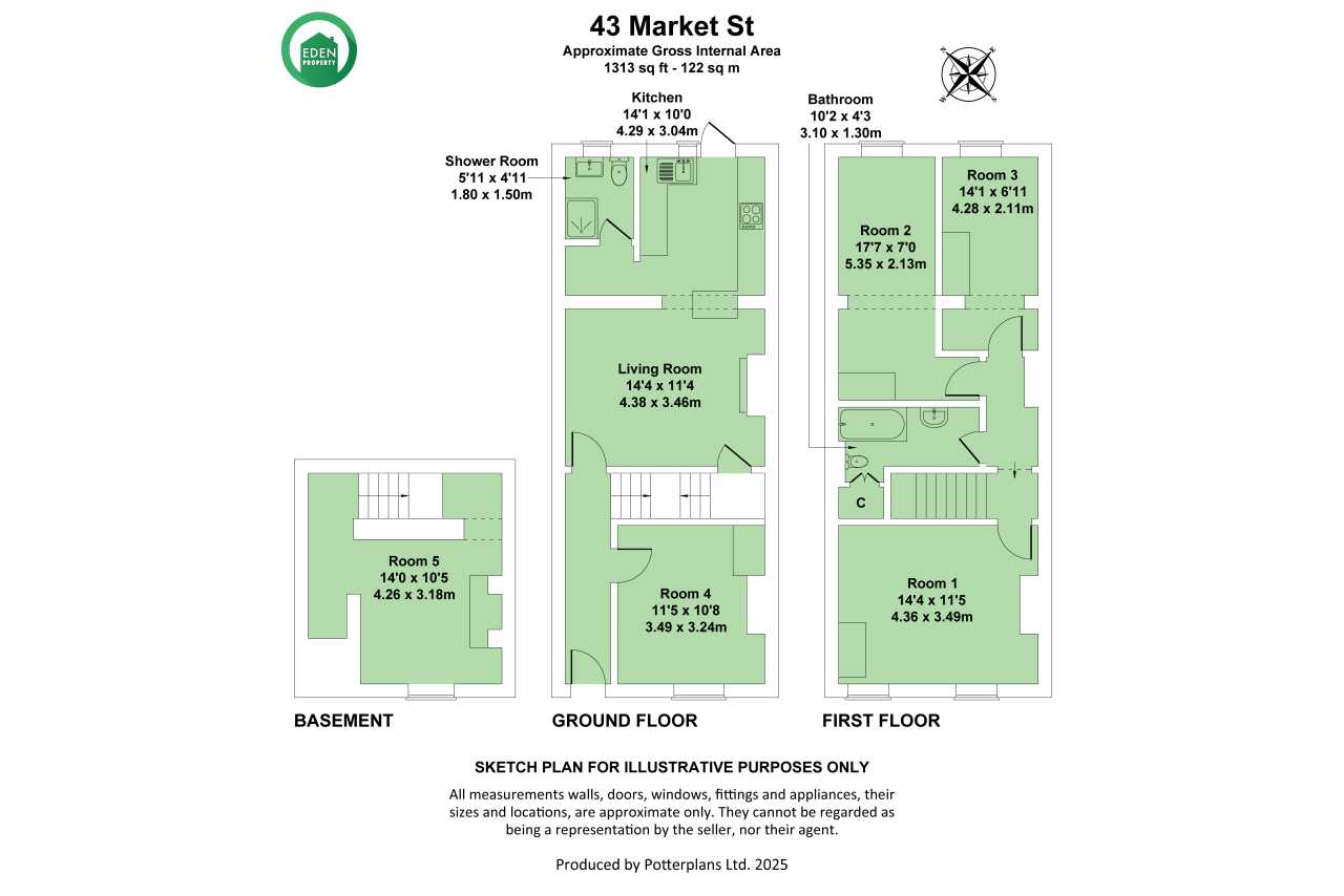 Illustrated floor plan showing basement, ground-floor and first-floor layouts for a three-storey property.