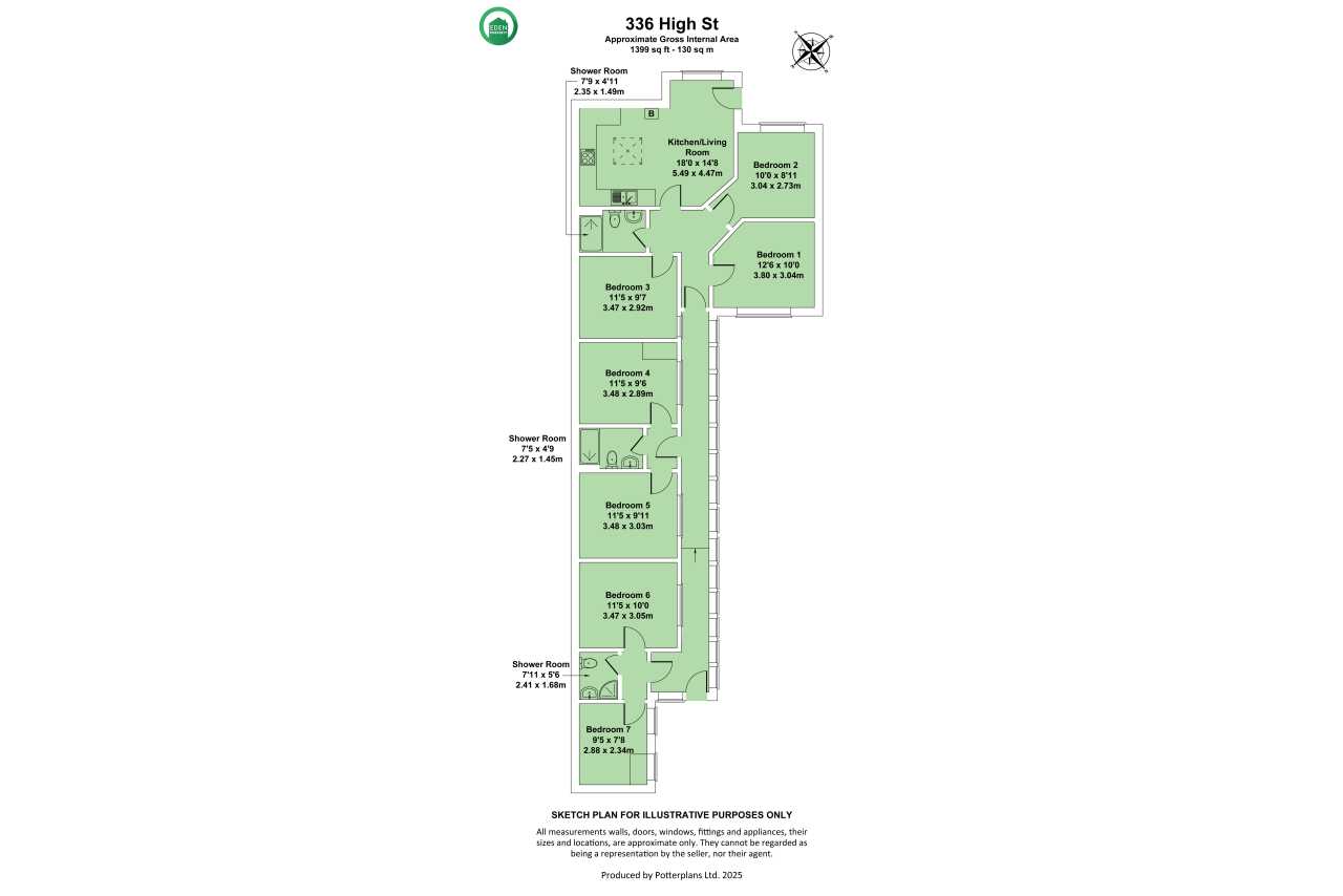 A small floor plan showing multiple labelled rooms and a long central hallway.