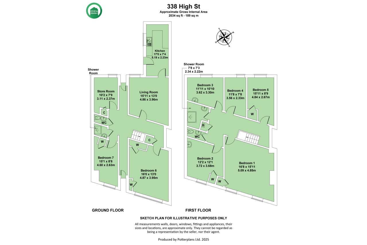 Floor plan for 338 High St showing rooms on the first and second floors.
