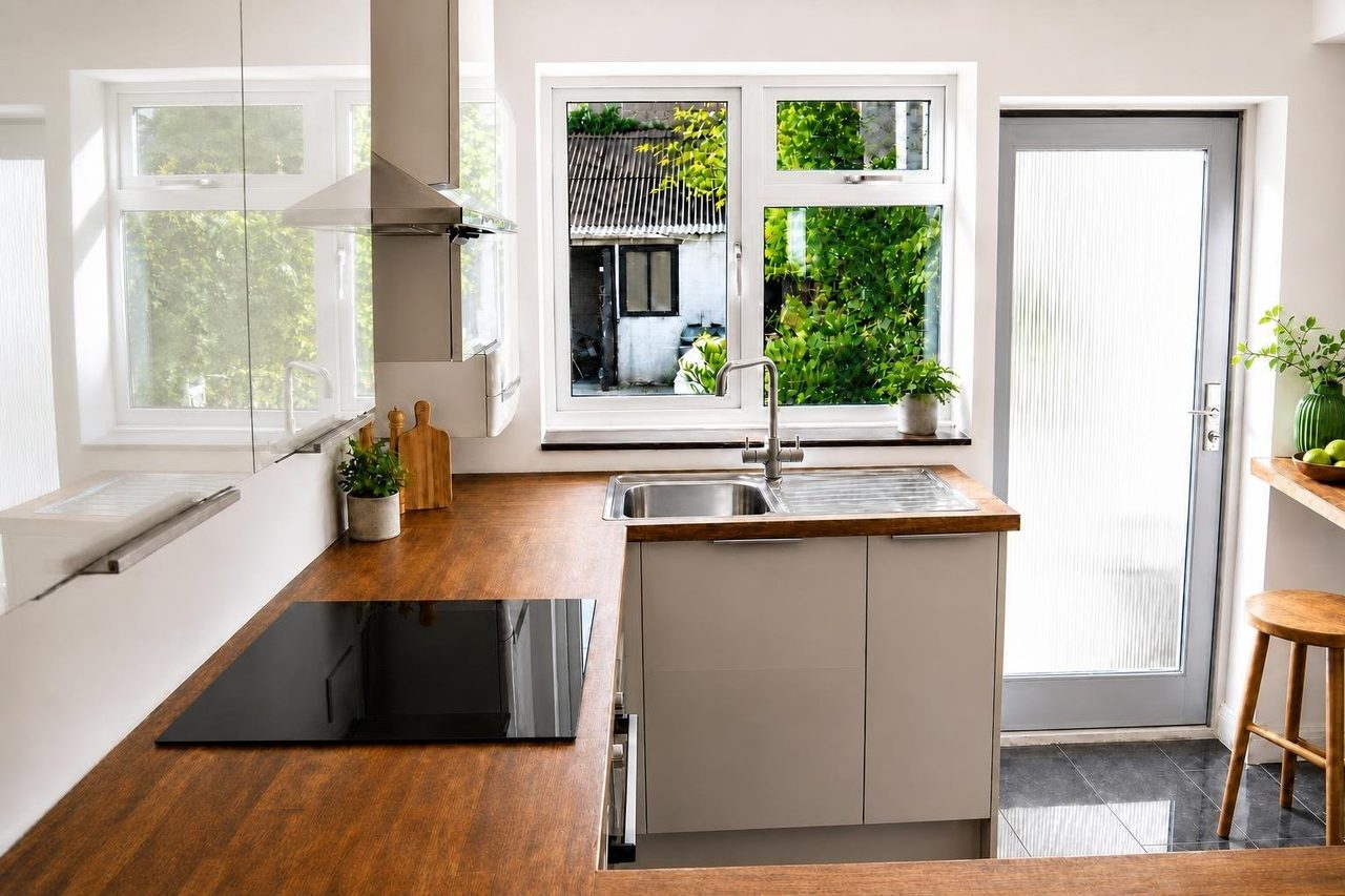 Bright kitchen with wooden worktops, a sink, hob, windows, and a glazed door.