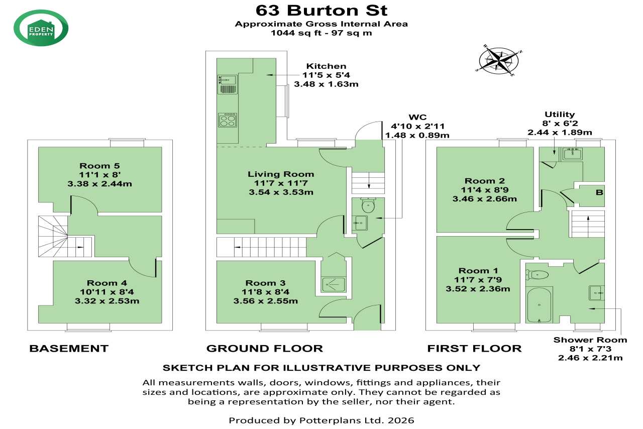 Floor plan showing basement, ground floor and first floor layouts with five numbered rooms, kitchen, utility room and bathrooms.